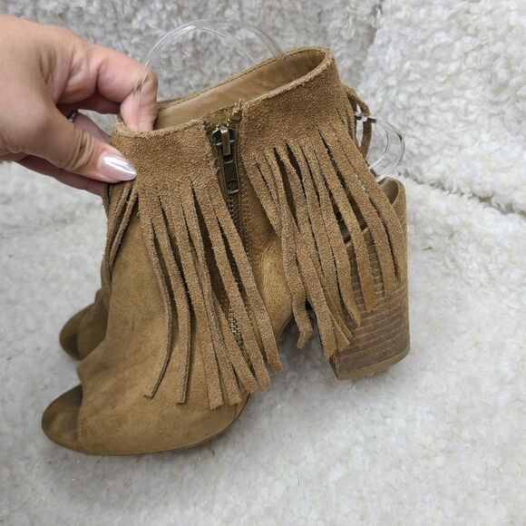 Carlos Santana Jasper 2 Tan Suede Fringed Peep-toe Open Heel Bootie sz 8.5 - Picture 3 of 7
